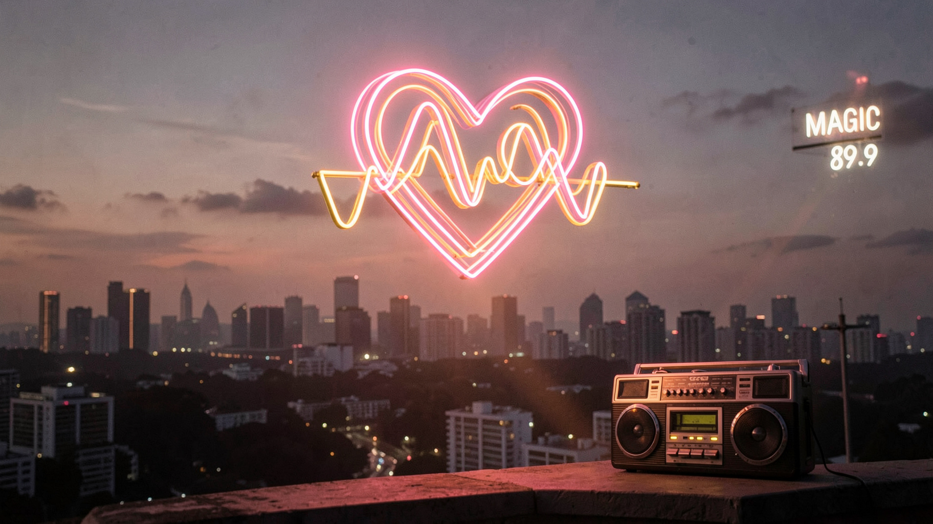 An abstract neon heart-shaped radio wave sculpture glowing above the Manila skyline at dusk with a sign reading Magic 89.9