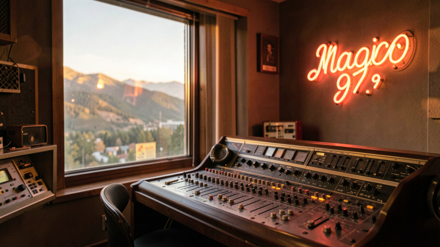 A cozy retro American radio studio at golden hour with a neon sign reading Magic 97.9