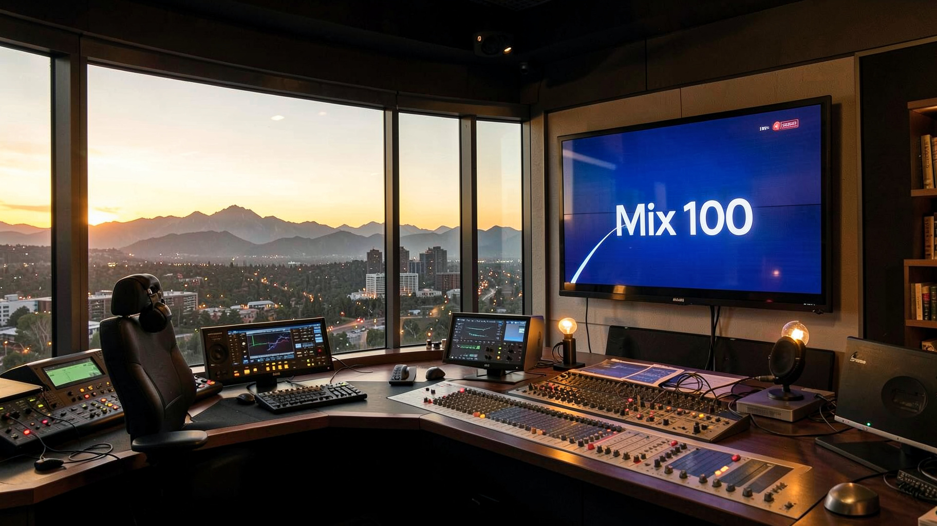 A modern radio studio overlooking the Denver skyline and Rocky Mountains at golden hour, with a screen reading Mix 100