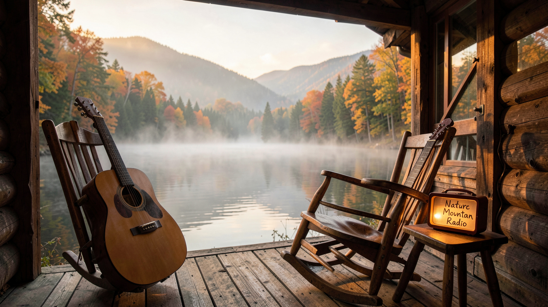 A cabin porch overlooking a calm Catskill mountain lake at golden hour, with a vintage radio labeled Nature Mountain Radio