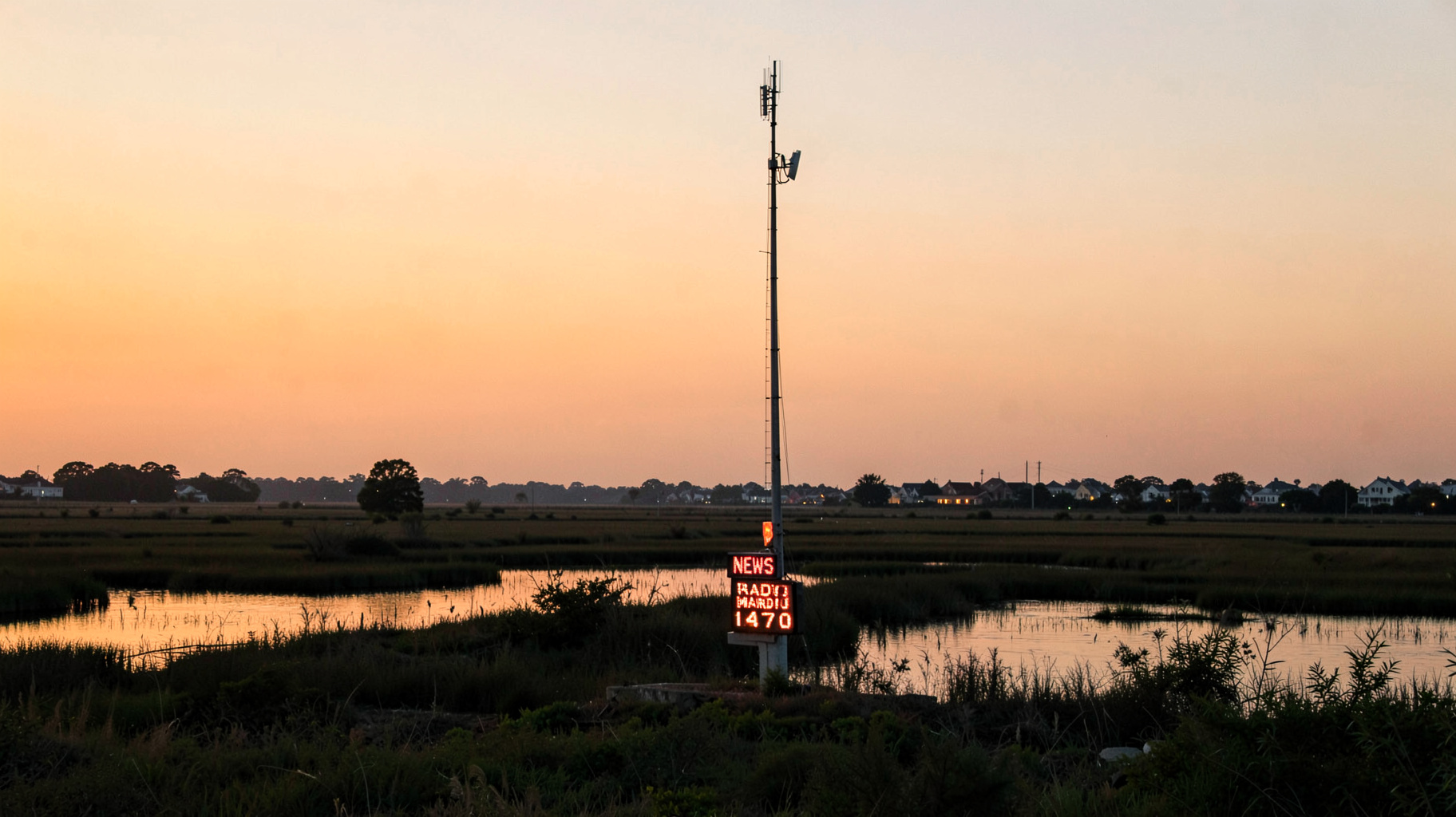 An AM radio broadcast tower over Delmarva peninsula marshlands at dusk with a sign reading News Radio 1470