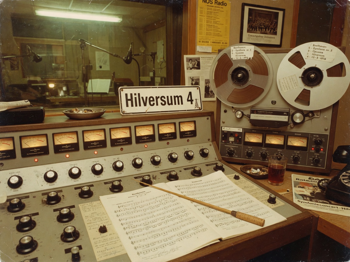Vintage 1970s Dutch radio studio with reel-to-reel tape machines, inspired by NPO Klassiek's Hilversum 4 origins