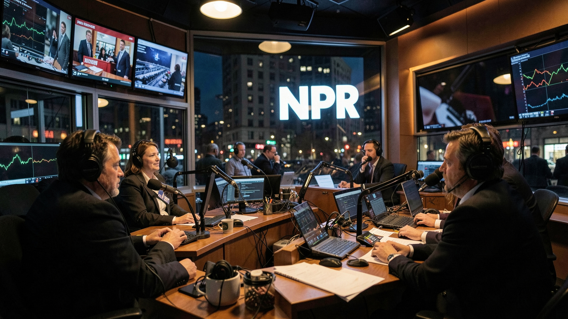 A busy public radio newsroom at night with monitors showing broadcasts and a sign reading NPR