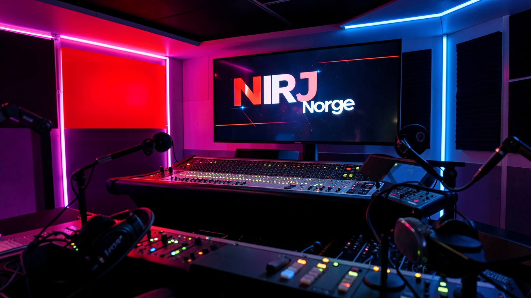 A modern radio broadcast studio at night with a screen displaying NRJ Norge behind the mixing console