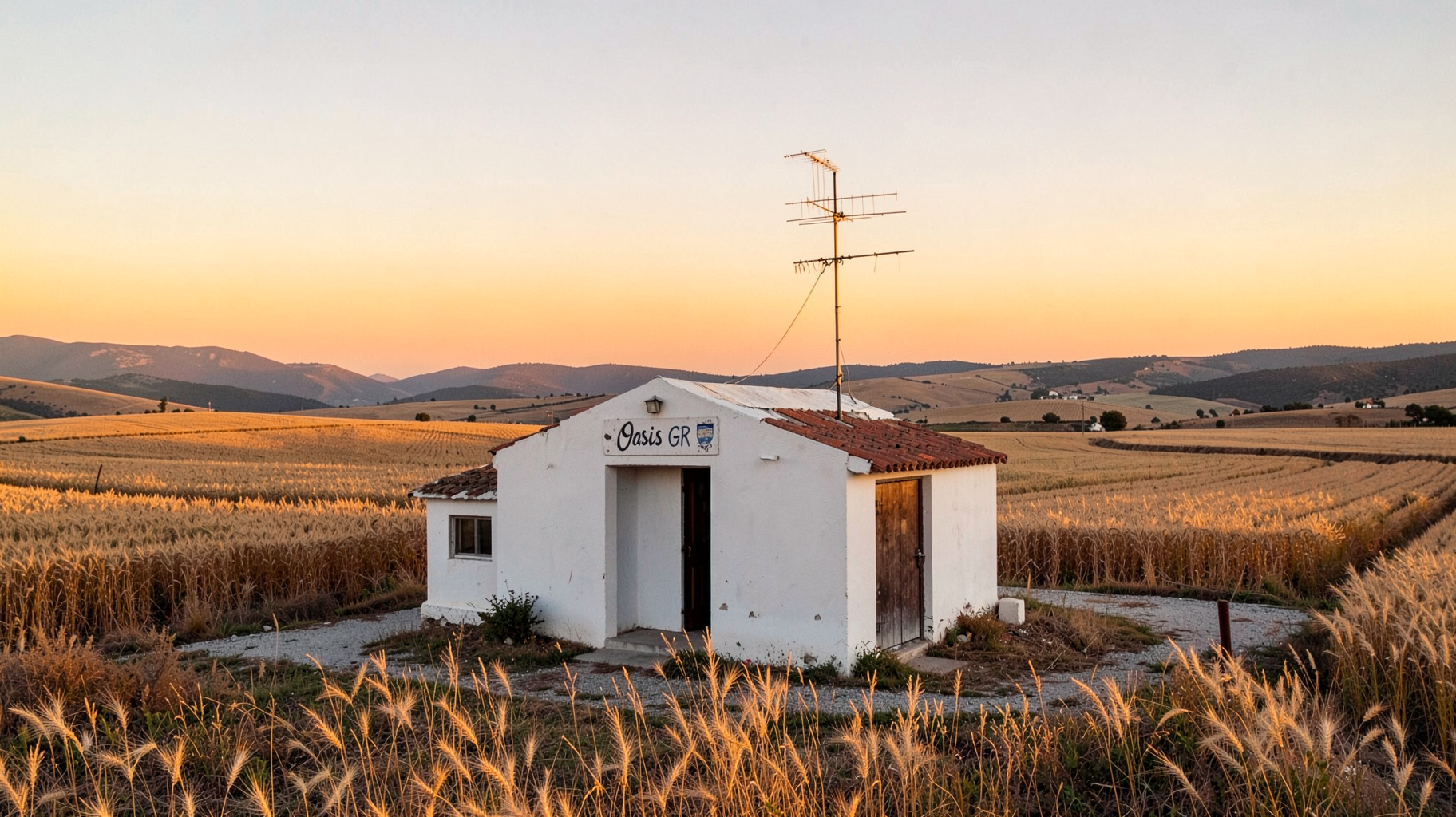 A small whitewashed radio station building on the golden Thessalian plain near Farsala, Greece at sunset