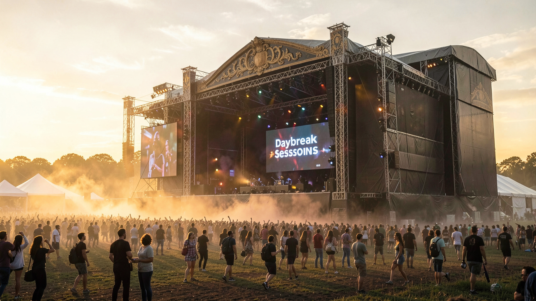 A festival mainstage at sunrise with a screen reading Daybreak Sessions