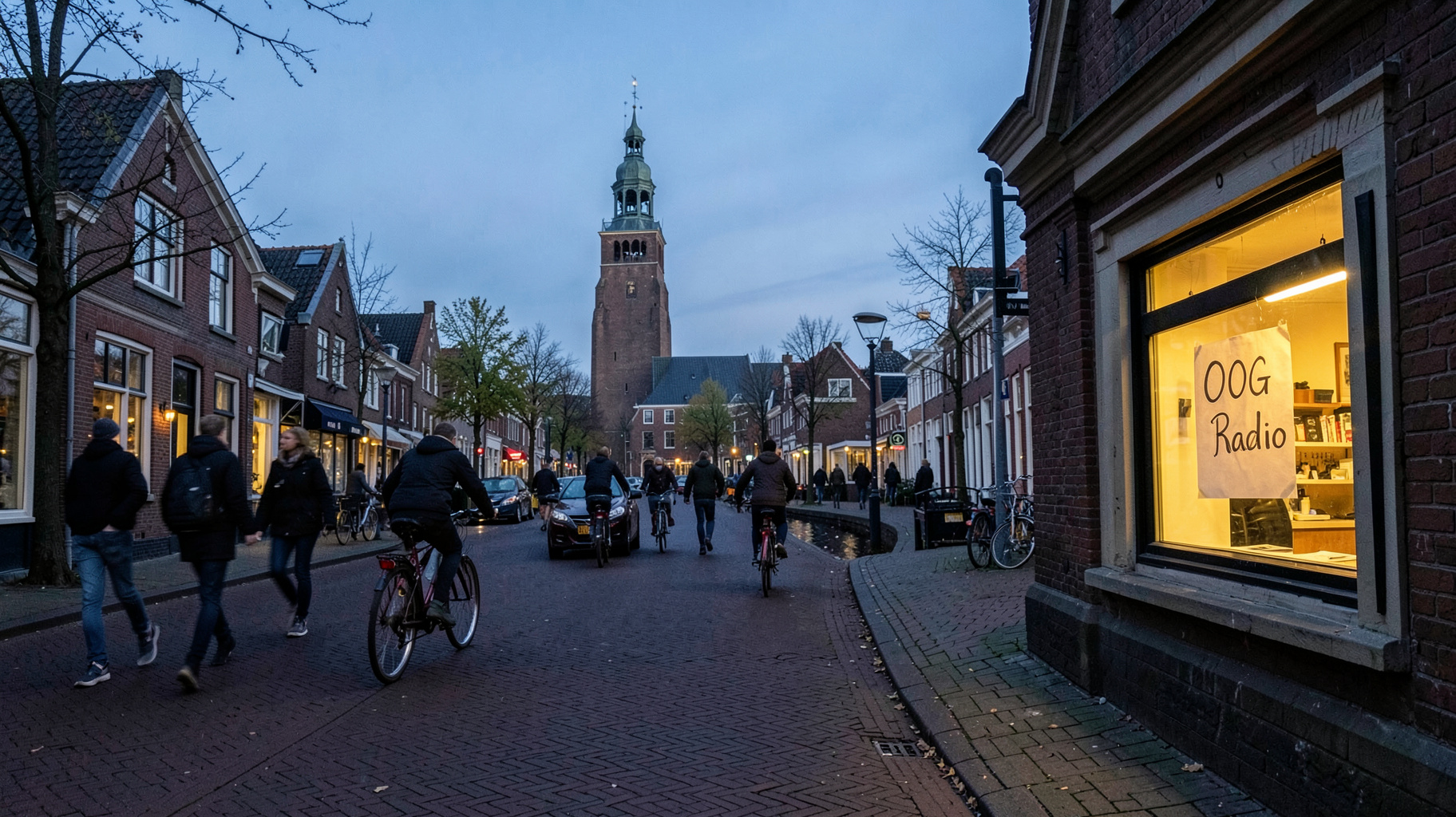 Bicycle-lined Groningen canal street at dusk with OOG Radio studio window glowing