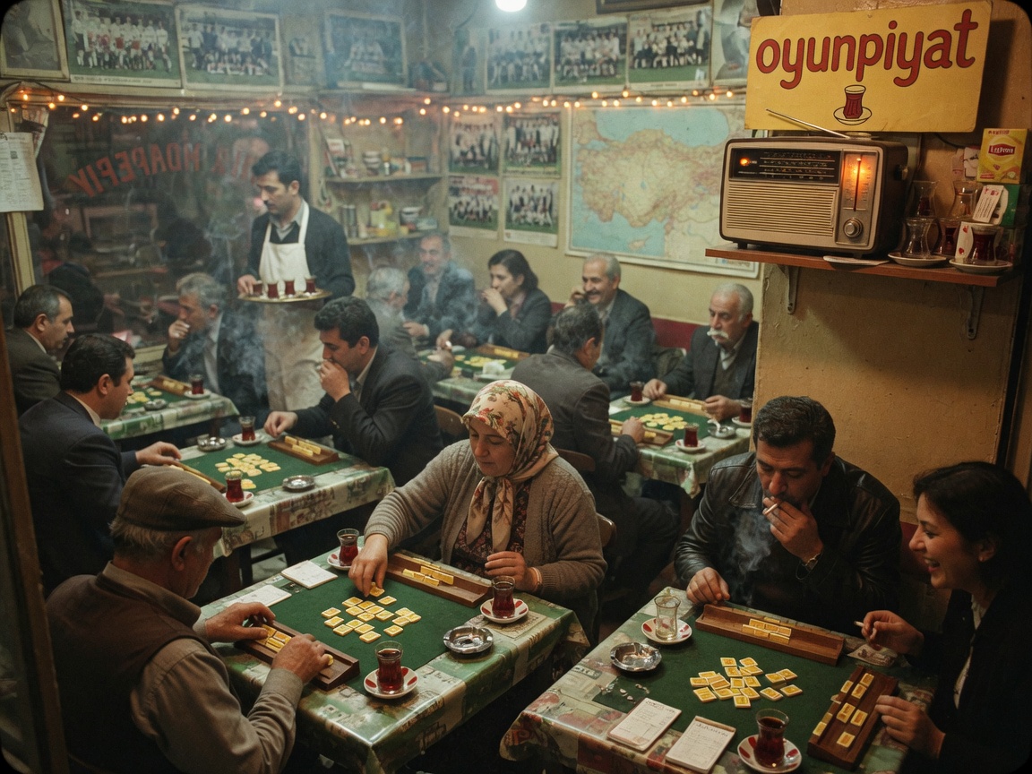 A traditional Turkish tea house at night with people playing Okey and a glowing radio labeled oyunpiyat, inspired by oyunpiyat