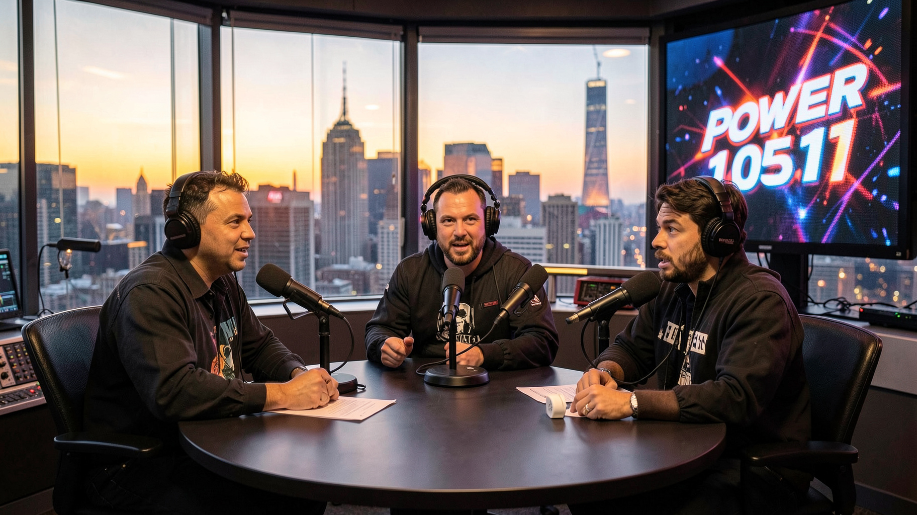 A New York hip-hop radio studio at sunrise with a screen reading Power 105.1