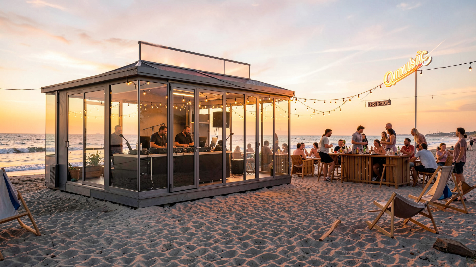 A glass-walled beach radio studio in Ostend at sunset with an illuminated Qmusic sign