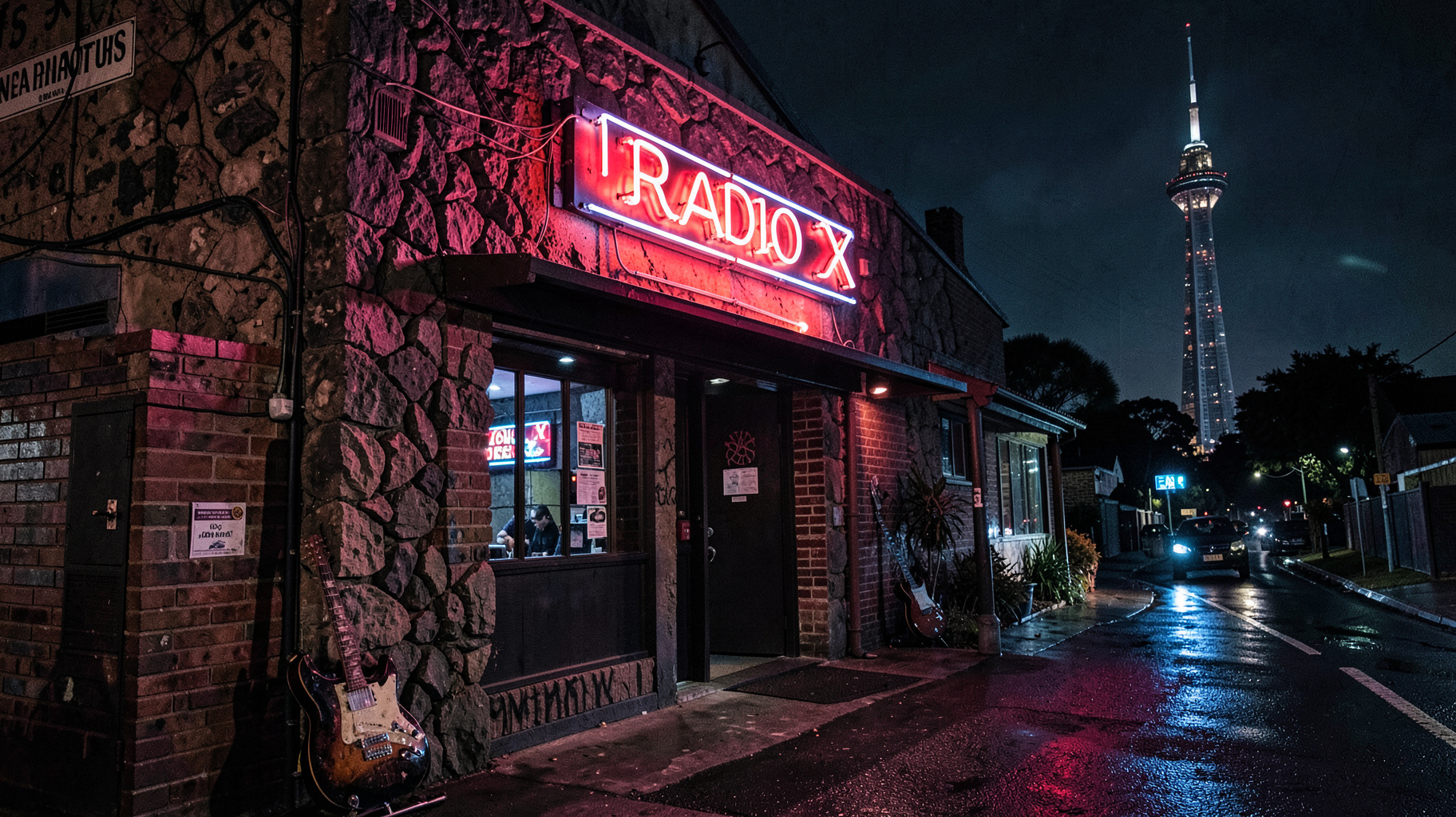 A neon-lit rock club exterior at night in Auckland with a marquee sign reading Radio X