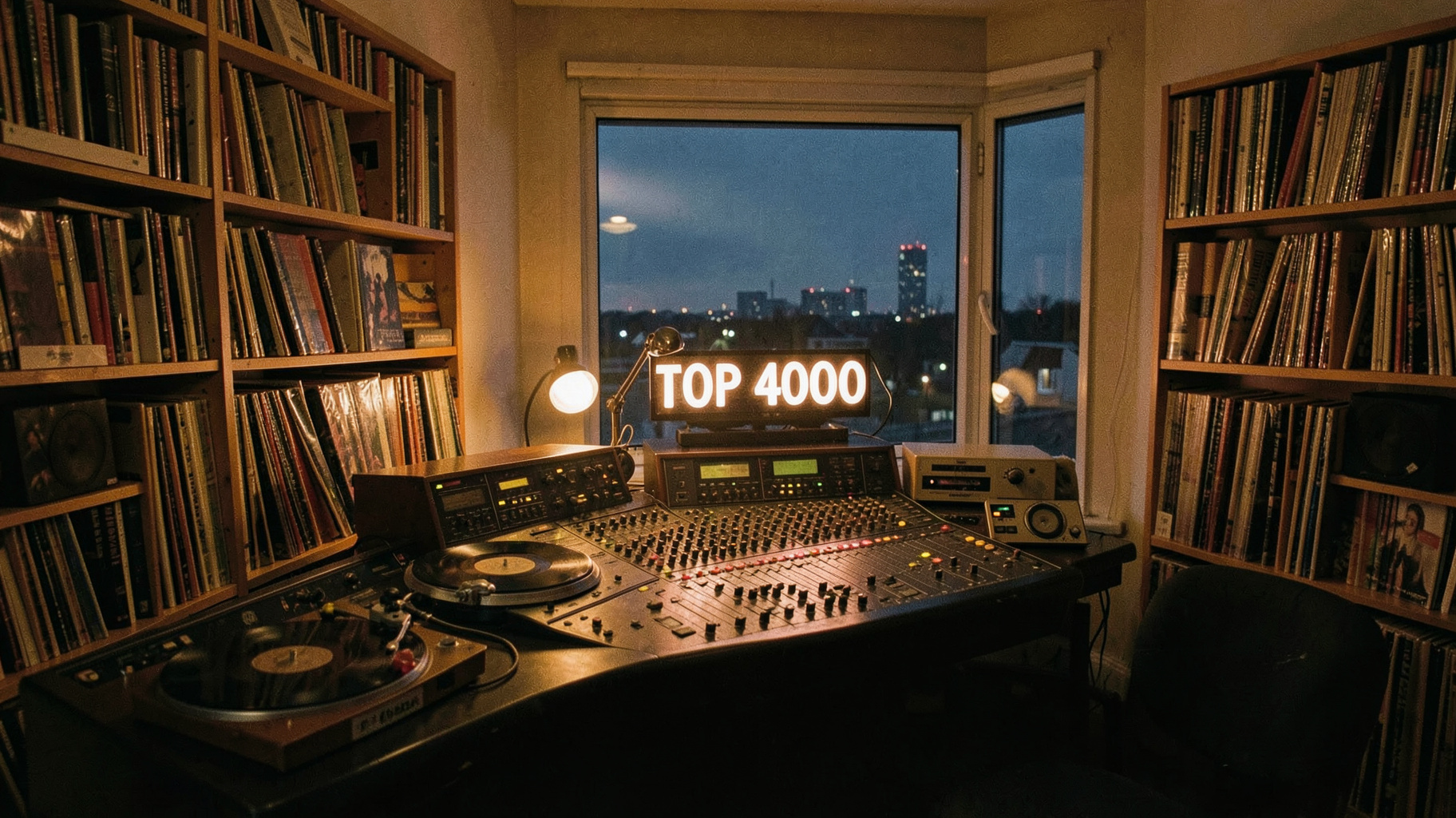 A cozy 1980s Dutch radio studio with vinyl records and a sign reading Radio 10 Top 4000
