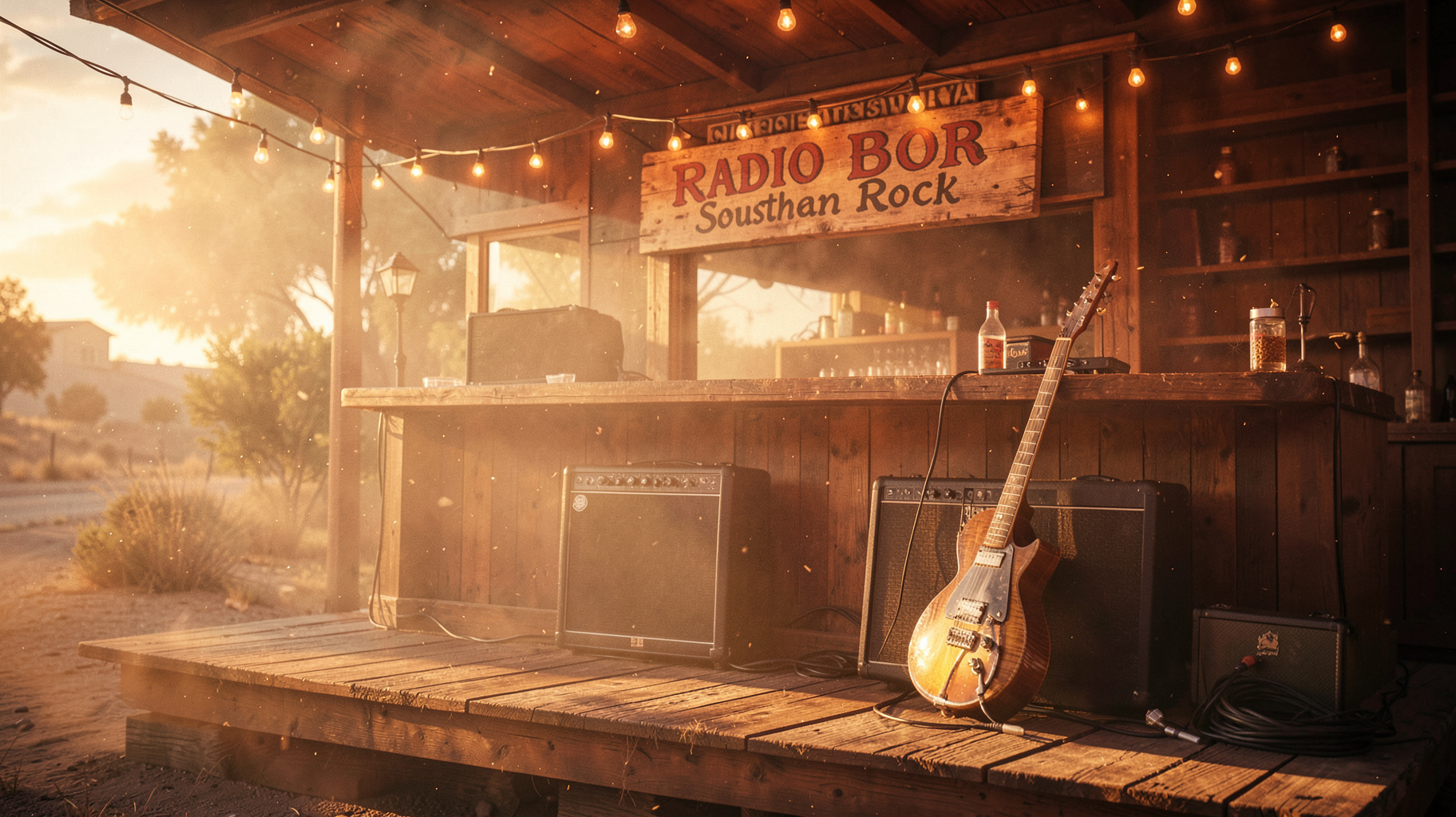 Southern roadhouse bar with slide guitar and RADIO BOB Southern Rock sign