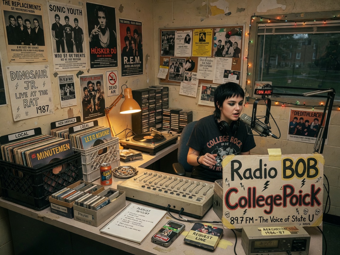 A cluttered 1980s university radio studio covered in band posters with a sign reading Radio BOB Collegerock