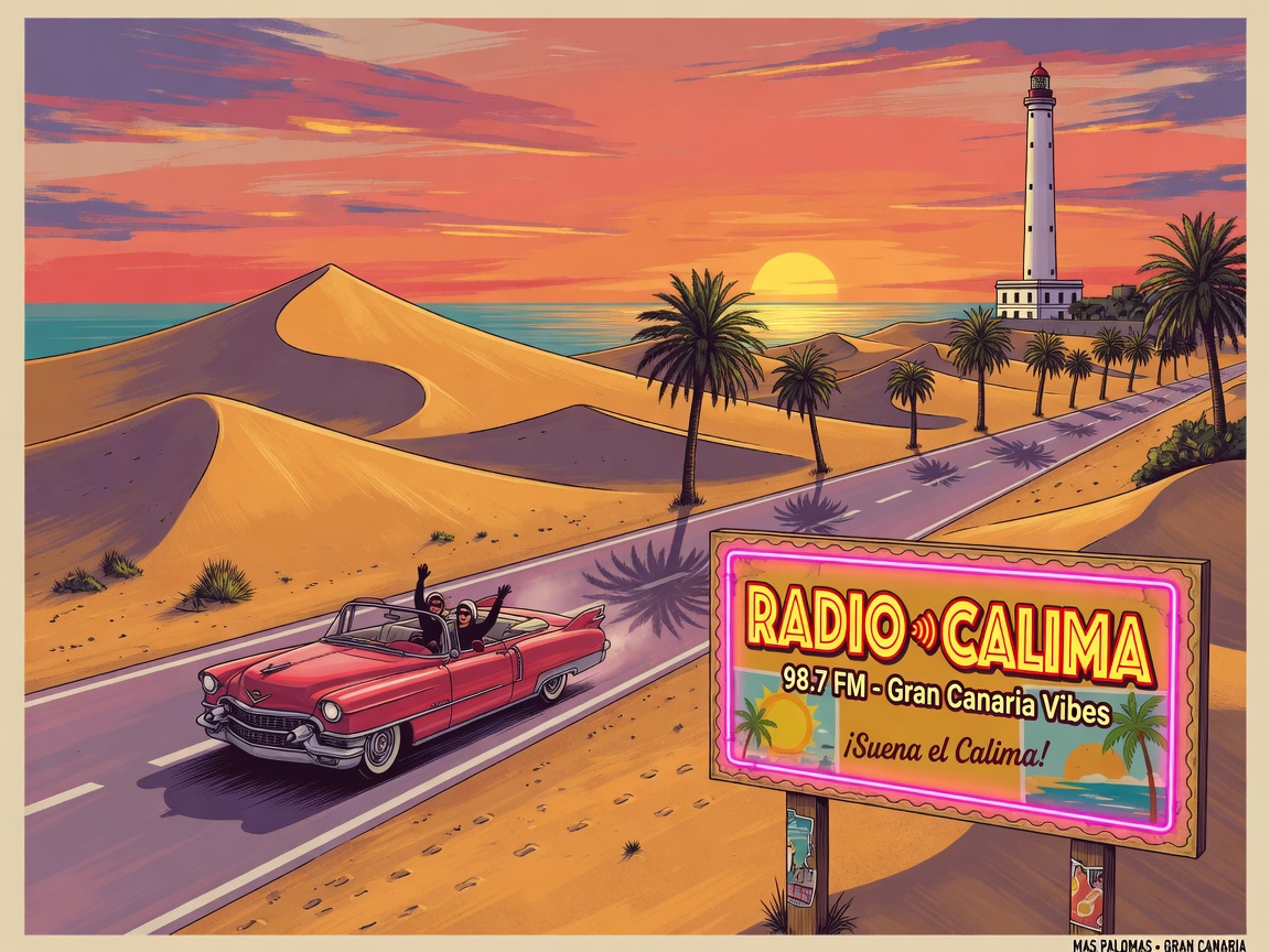 Golden sand dunes of Maspalomas at sunset with a retro Radio Calima billboard, evoking the station's Canary Islands home