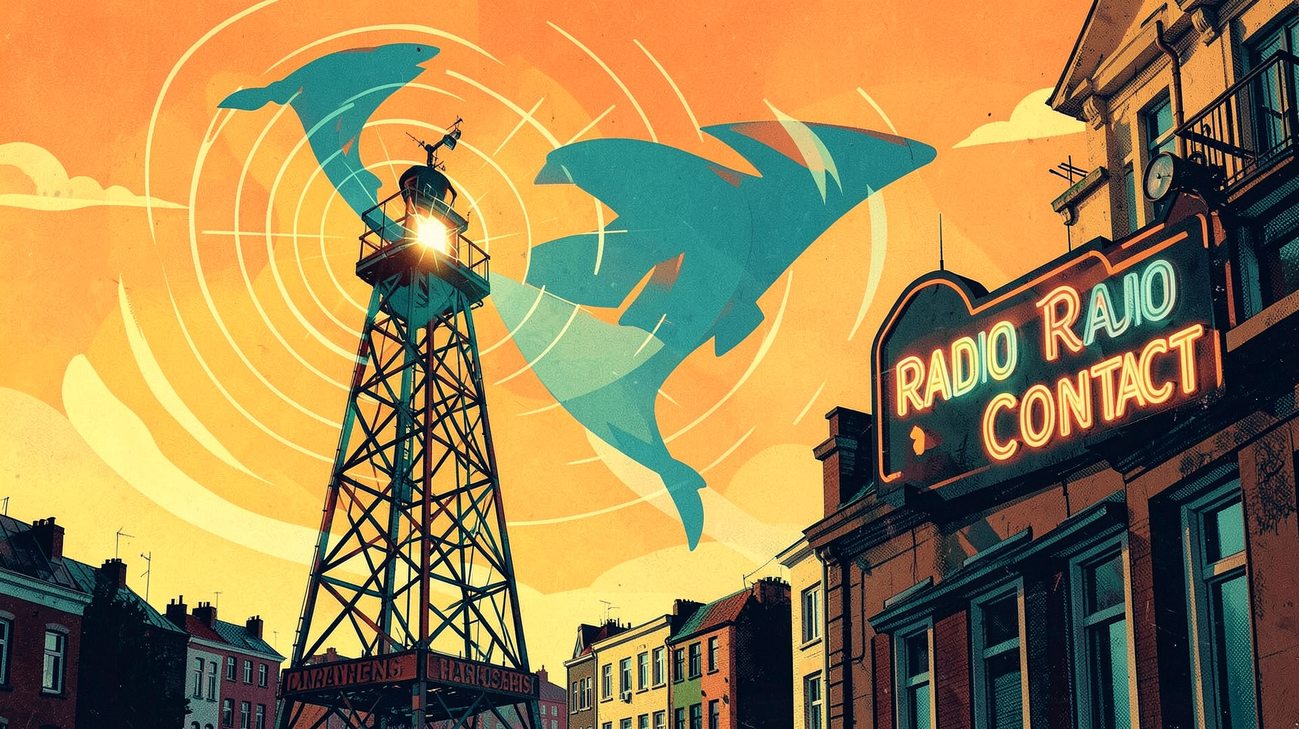 A stylized radio tower over Brussels with a leaping dolphin silhouette and a neon Radio Contact sign
