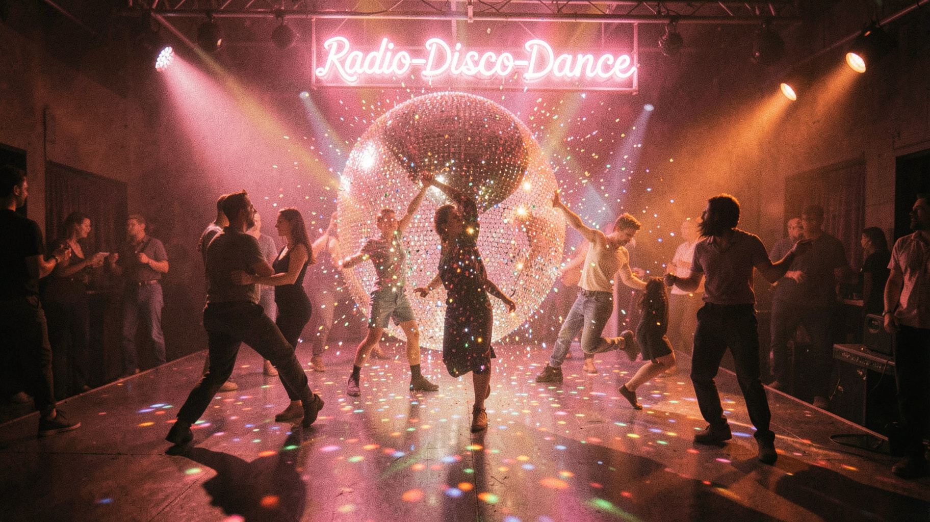 Retro disco dance floor with mirror ball, evoking Radio Disco-Dance