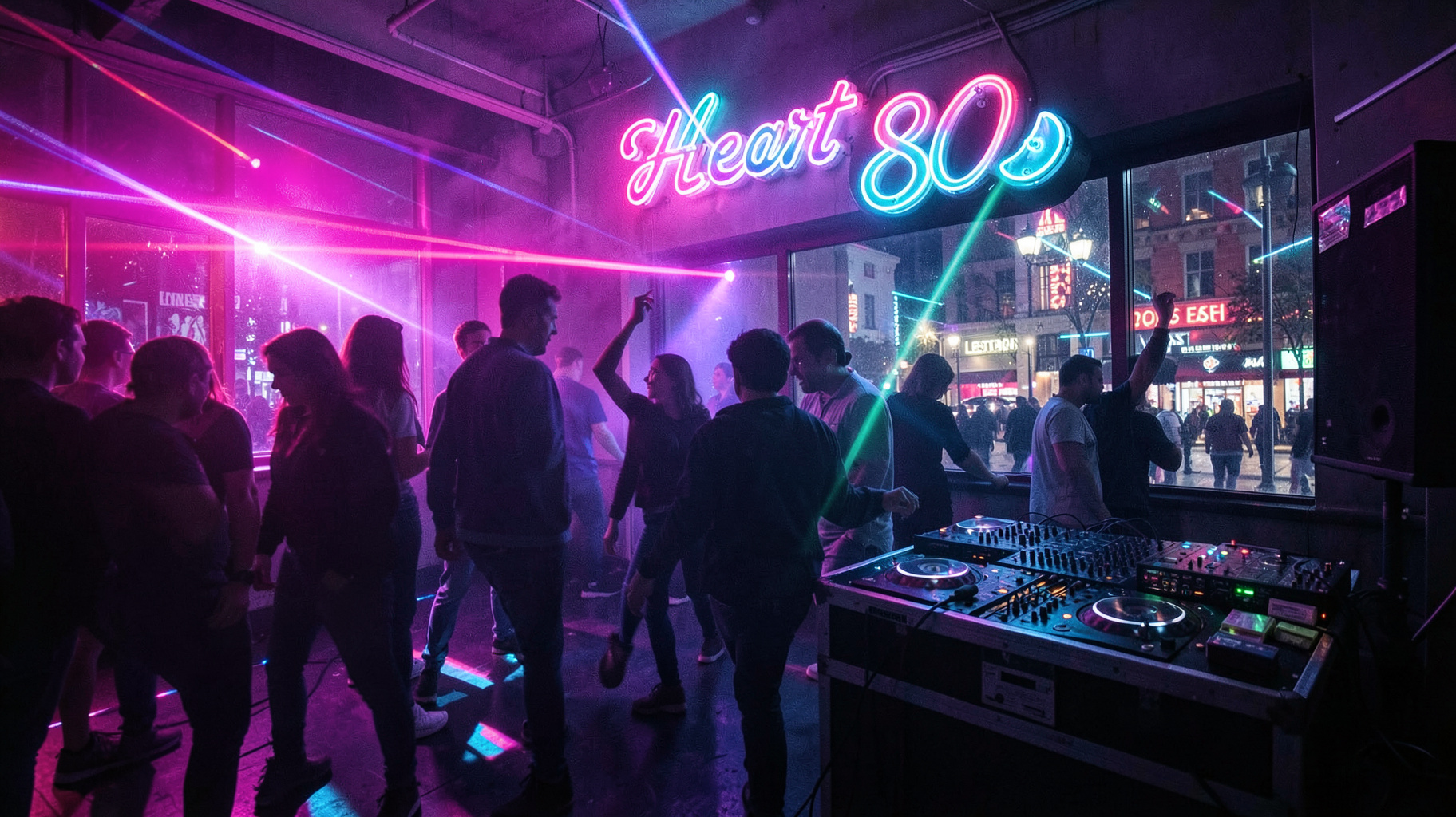 A neon-lit 1980s dance floor with dancers under laser light and a glowing Heart 80s sign above a DJ booth