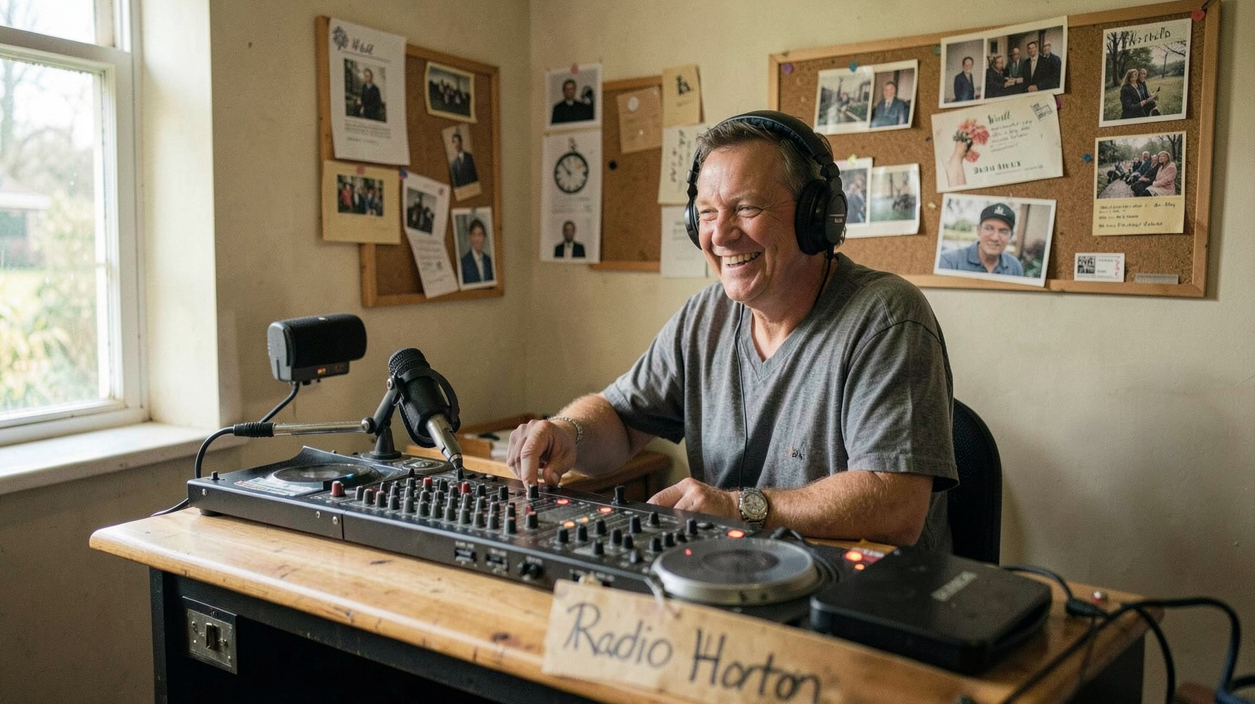 A cozy hospital radio studio in Banbury, England, with a volunteer DJ at a vintage mixing desk