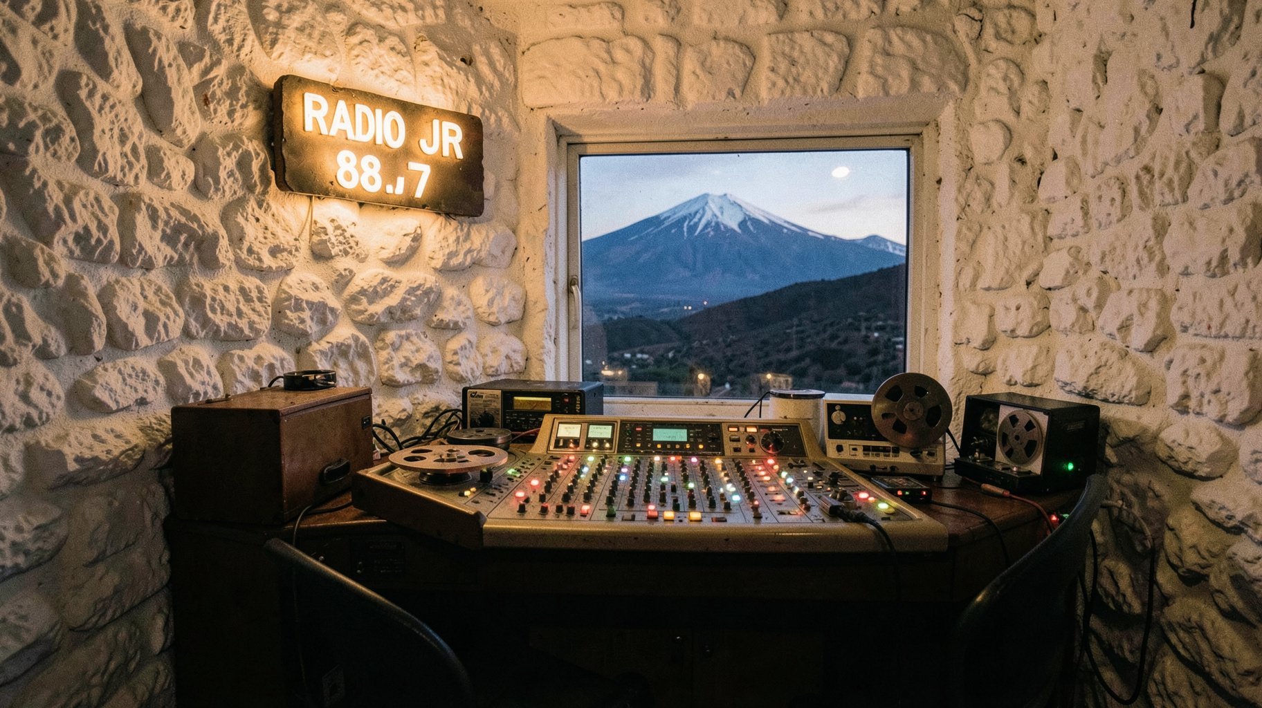 A vintage radio studio built from white volcanic stone with El Misti volcano in the background and a sign reading Radio JR 88.7