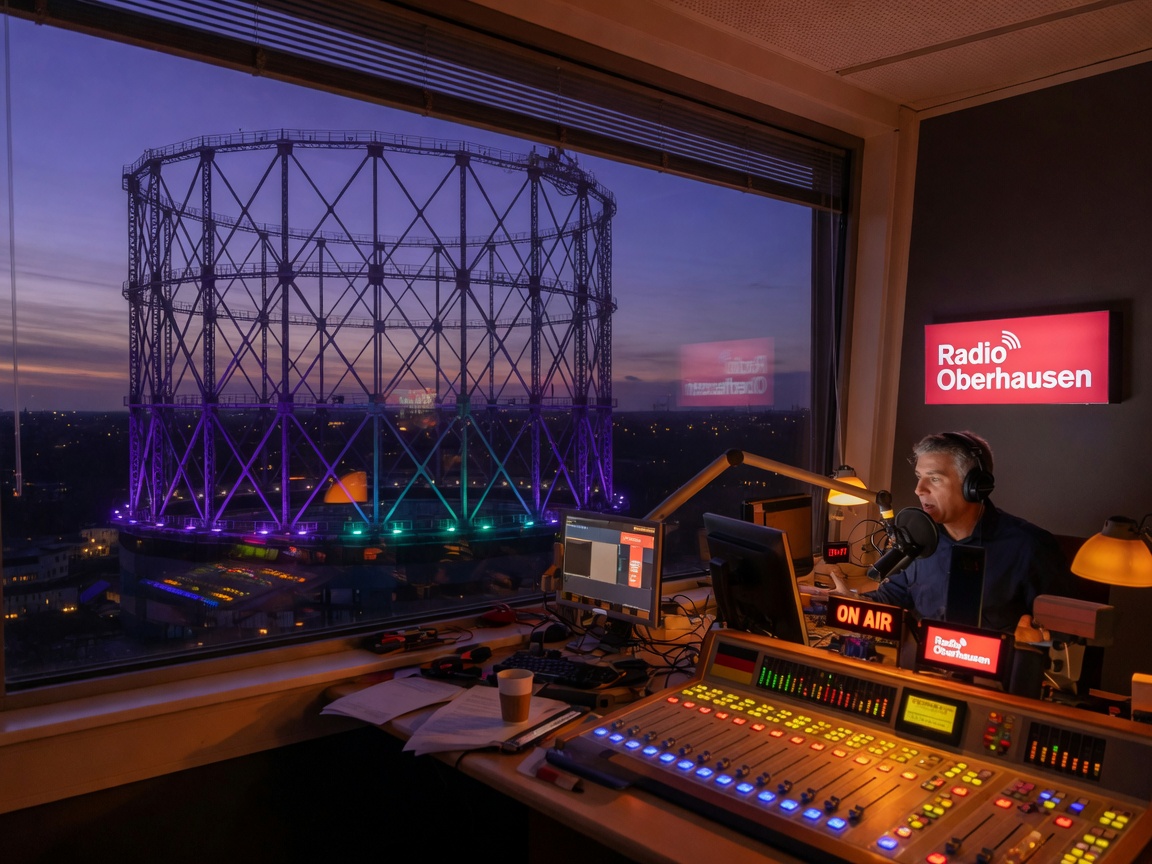 Radio broadcast studio with the Oberhausen Gasometer visible through the window at dusk, inspired by Radio Oberhausen
