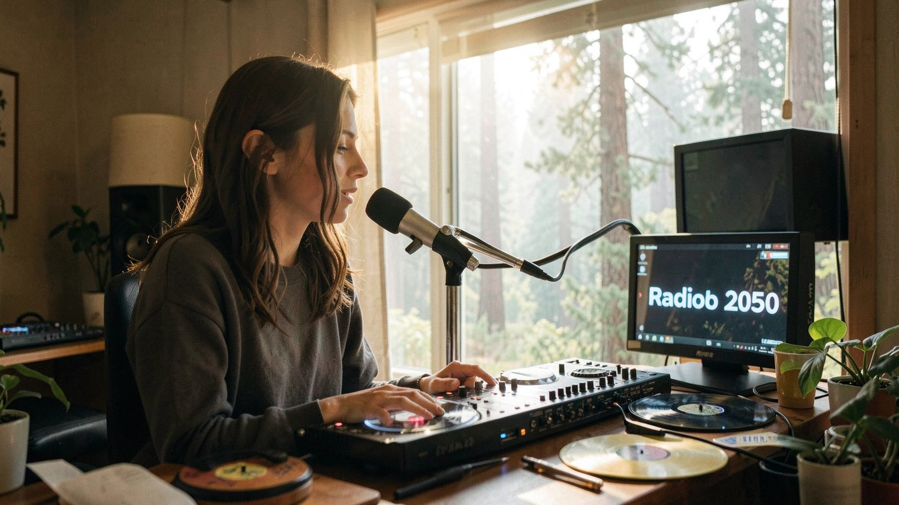 A DJ speaking into a microphone in a sunlit home studio overlooking a California redwood forest, an on-air screen glowing with the words Radio 2050