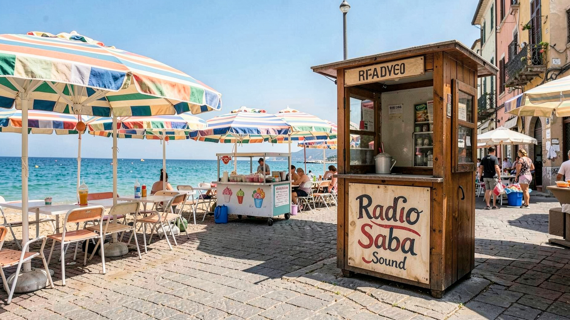A sunny Adriatic beach promenade in San Salvo, Italy, with striped umbrellas and a seaside radio booth