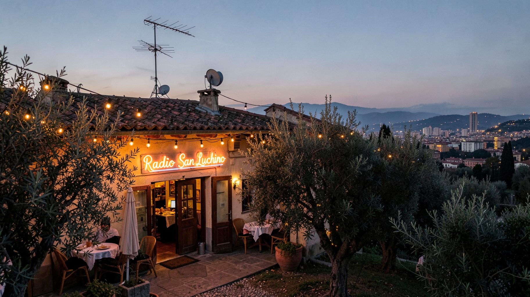A warm Italian hillside restaurant and disco near Bologna at dusk with a glowing Radio San Luchino sign