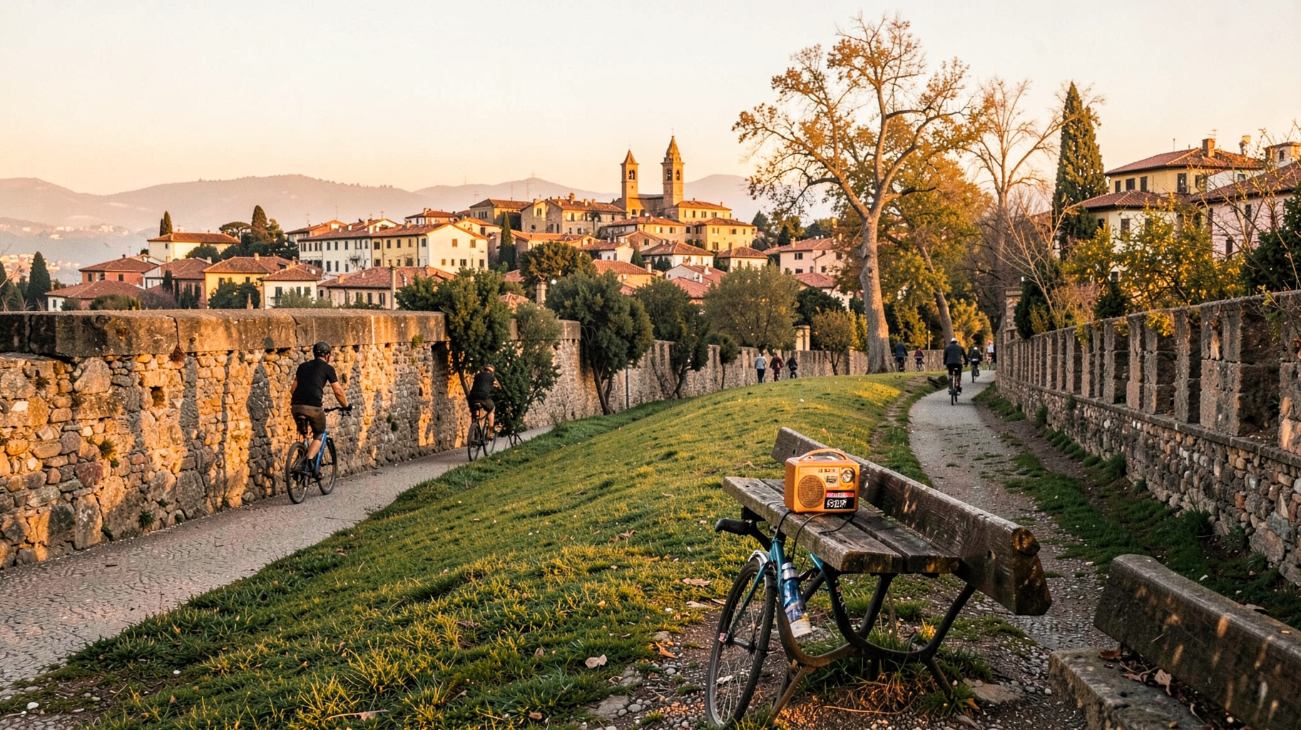Cyclists riding along Lucca's historic tree-lined ramparts at golden hour with a vintage radio on a bench reading Radio Star 92.7