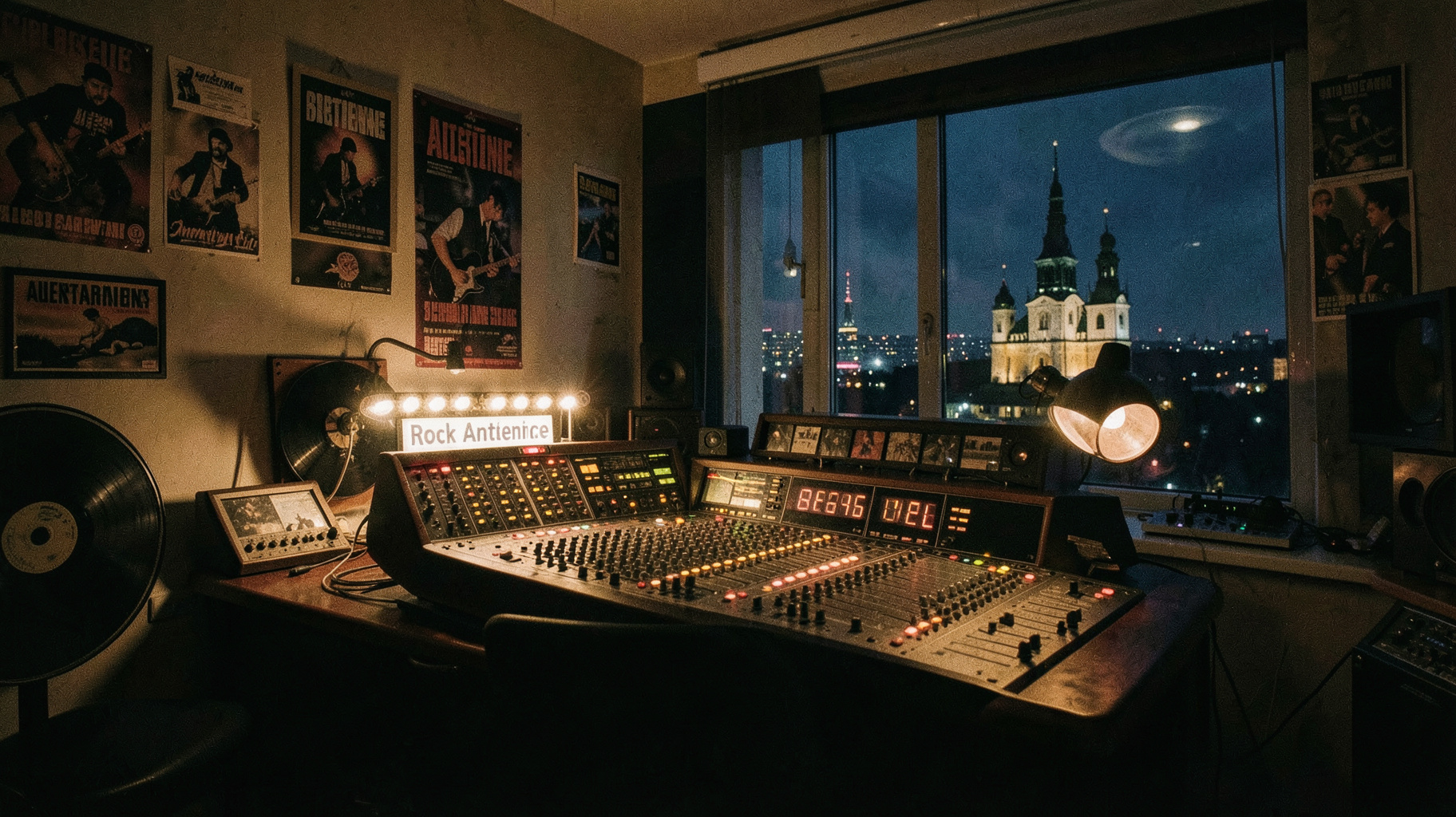 A moody 1990s alternative rock radio studio in Bavaria with a sign reading Rock Antenne Alternative