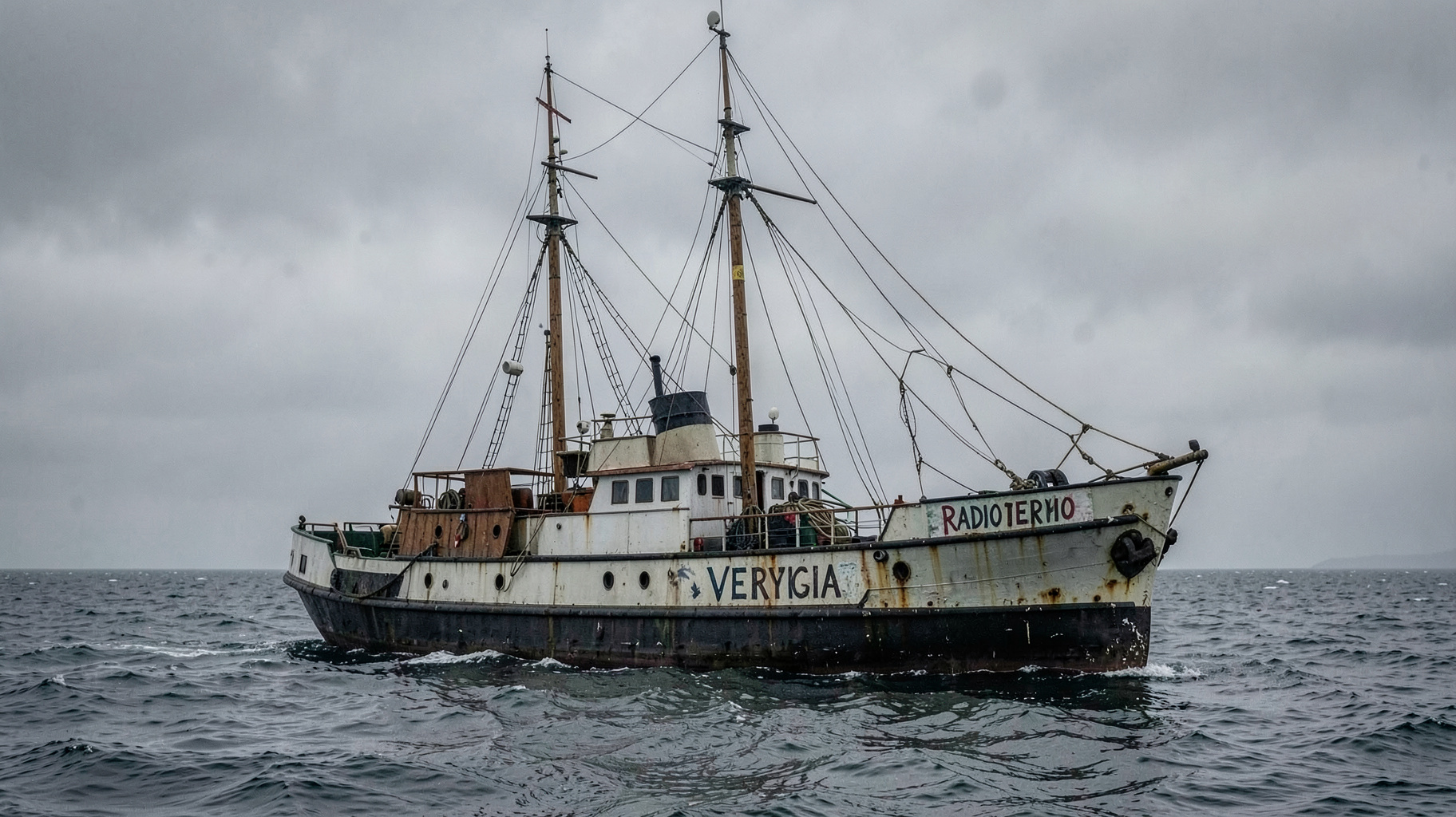 A vintage pirate radio ship anchored in the North Sea