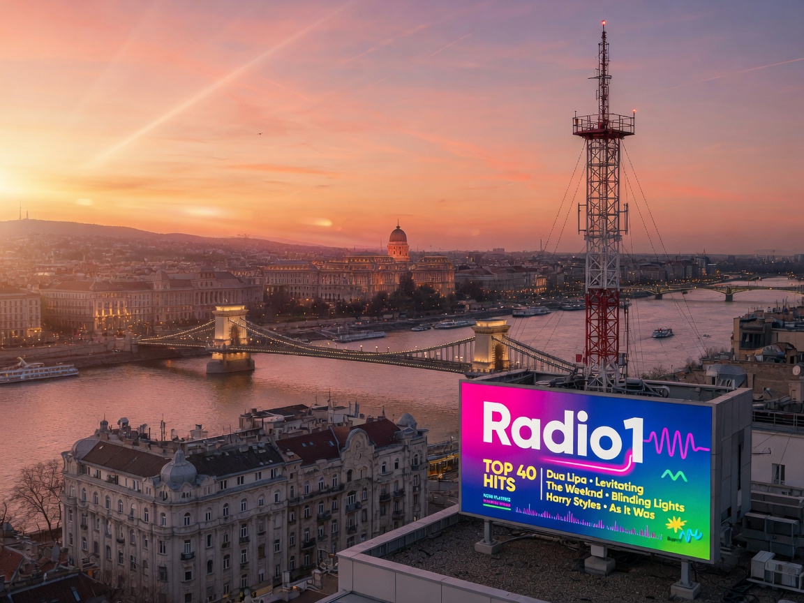 A Budapest cityscape at golden hour with a billboard reading Radio1, inspired by Radio1 Hungary