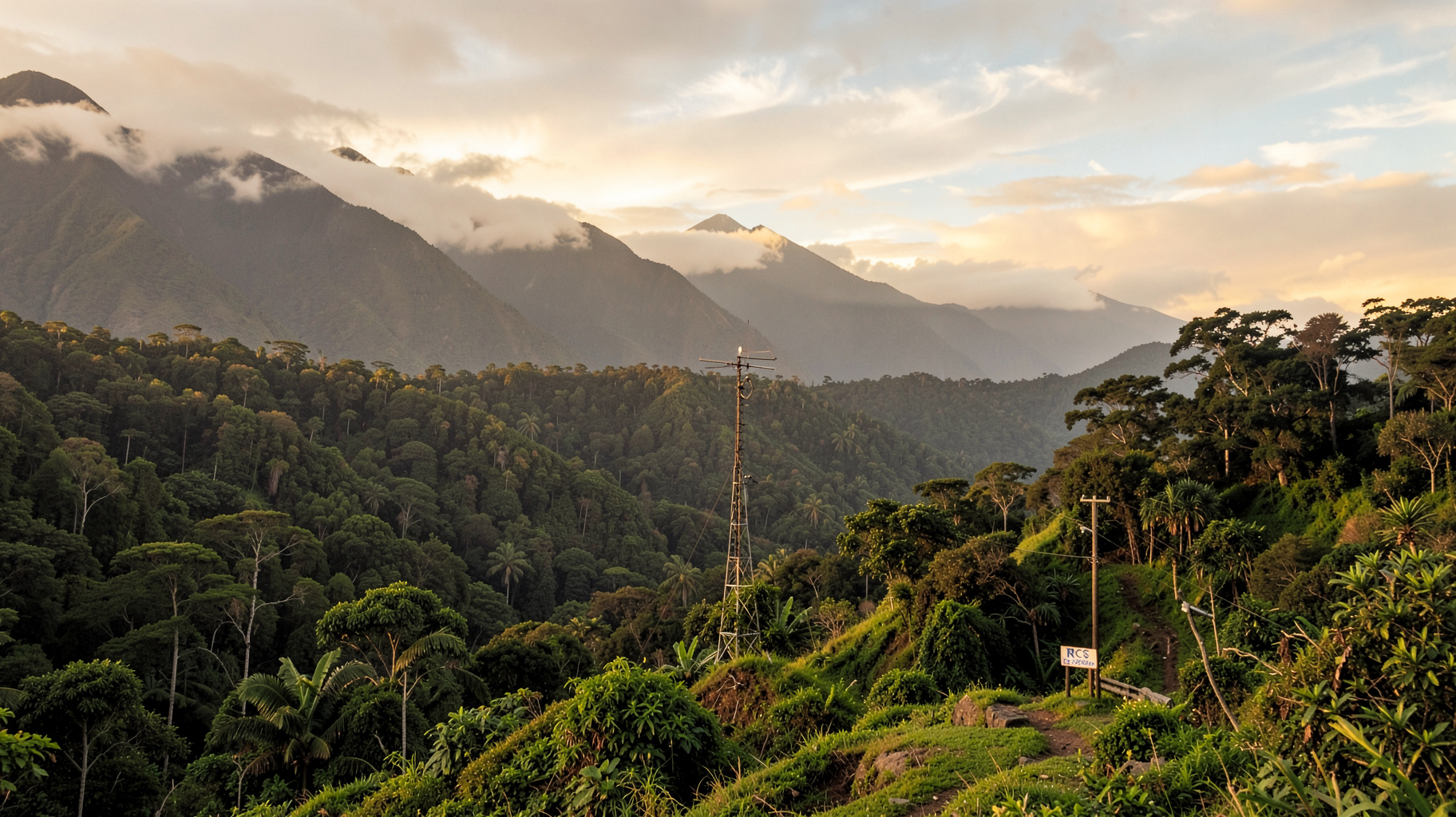 A radio antenna on a green ridge above the Upano river valley near Macas, Ecuador