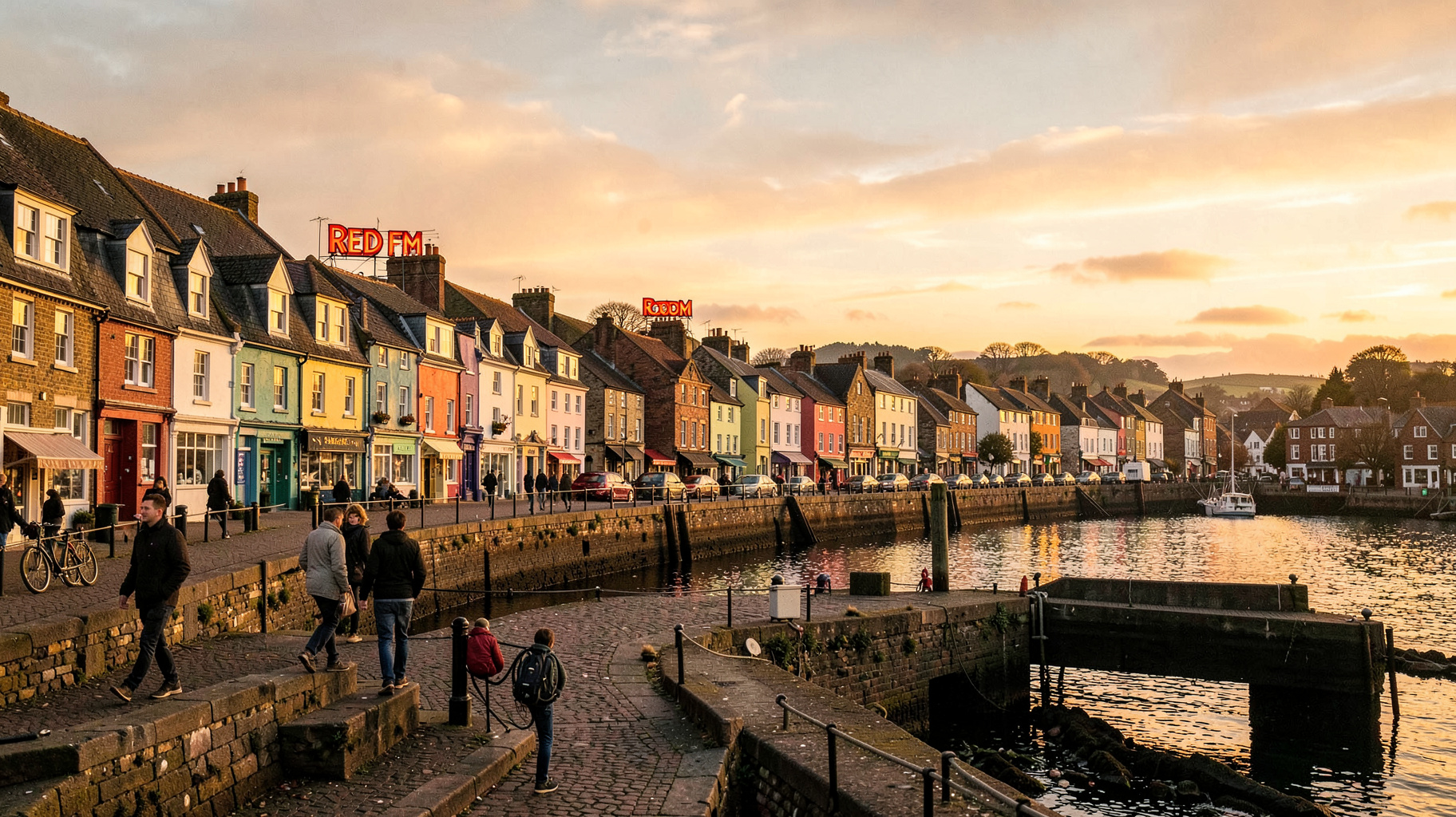 A vibrant waterfront view of Cork, Ireland at golden hour with a rooftop sign reading Red FM Cork