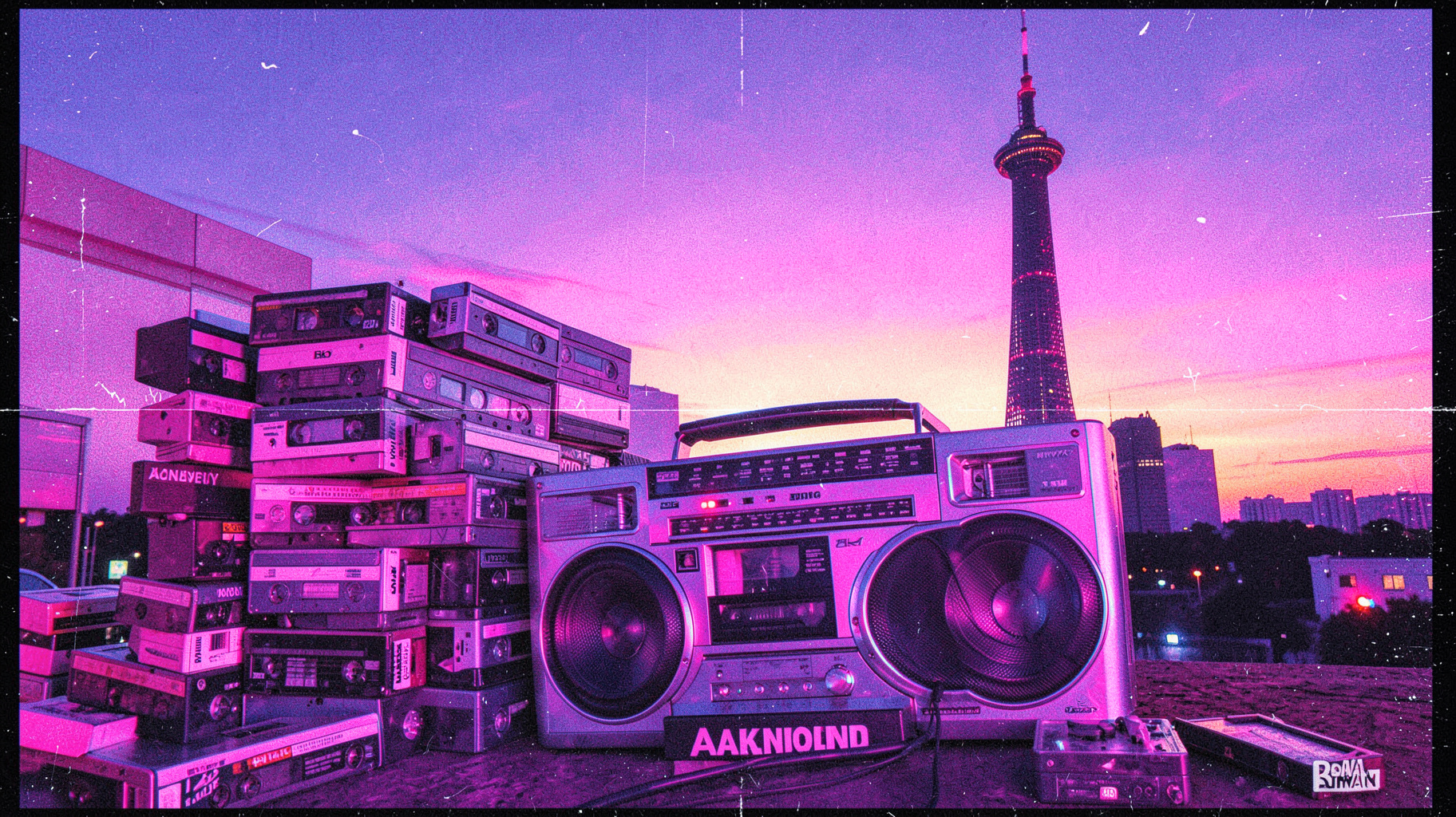 A retro synthwave scene of cassette tapes and a boombox against the Auckland skyline