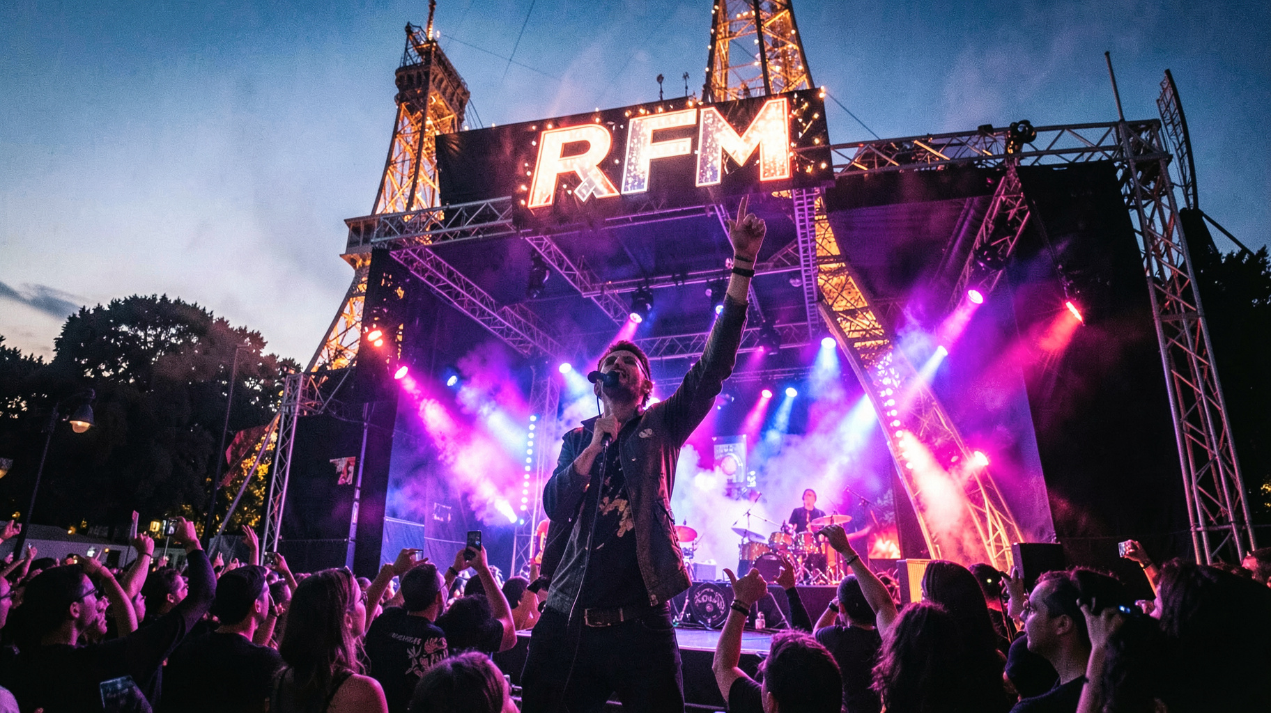 A pop concert in Paris at dusk with the Eiffel Tower glowing and a marquee sign reading RFM