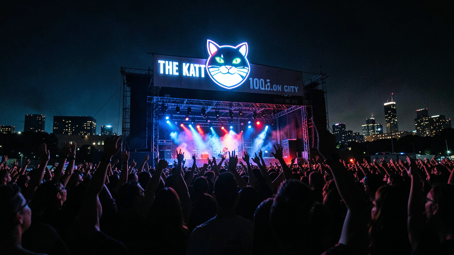 A rock concert crowd with hands raised beneath a glowing cat mascot marquee reading The KATT 100.5 above the Oklahoma City skyline