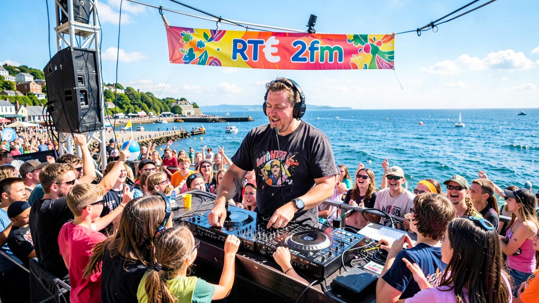 A lively outdoor radio broadcast stage on the Irish coast with a DJ, a cheering crowd and a banner reading RTÉ 2fm