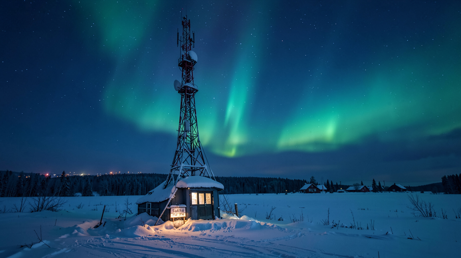 A snow-covered radio tower under the aurora borealis in Yakutia with a sign reading Sakha FM