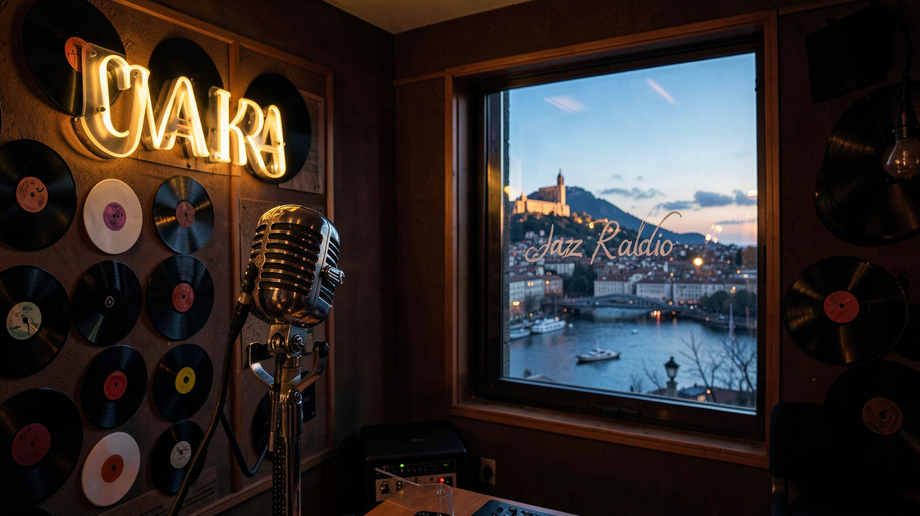 Elegant Jazz Radio studio overlooking Lyon's Fourviere hill and Saone river at twilight