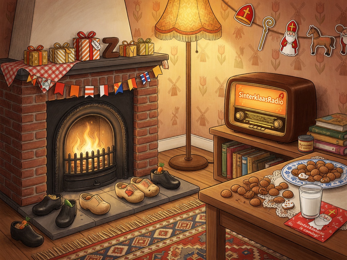 A cozy Dutch living room decorated for Sinterklaas with a radio glowing on a shelf, inspired by SinterklaasRadio