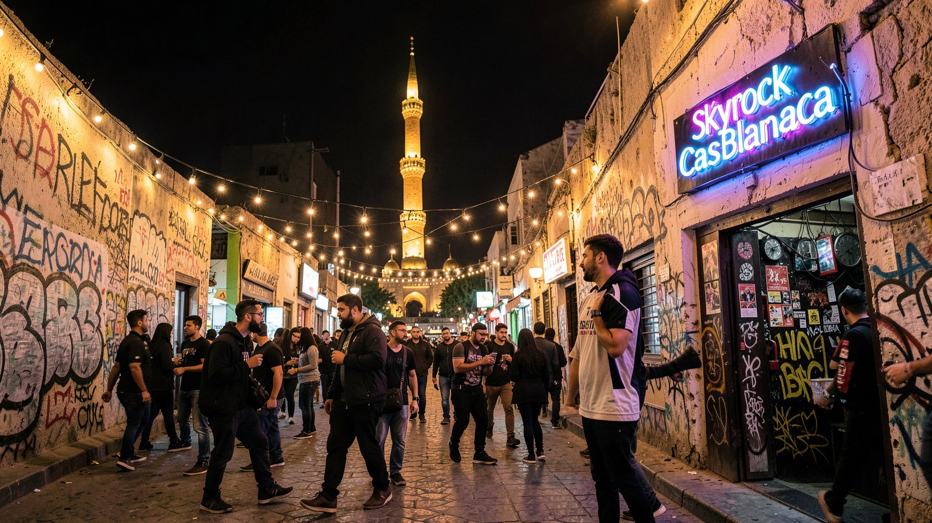 A bustling Casablanca medina street at night with young rappers performing near a graffiti wall and the Hassan II Mosque glowing in the distance