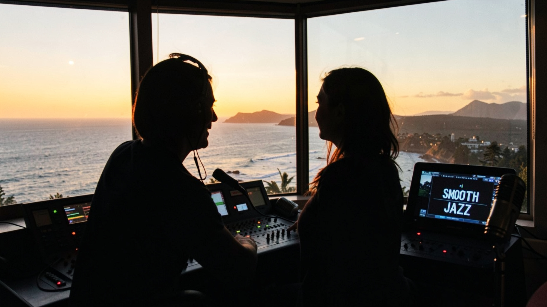 A silhouette of a radio DJ at a console overlooking the Pacific coastline at sunset