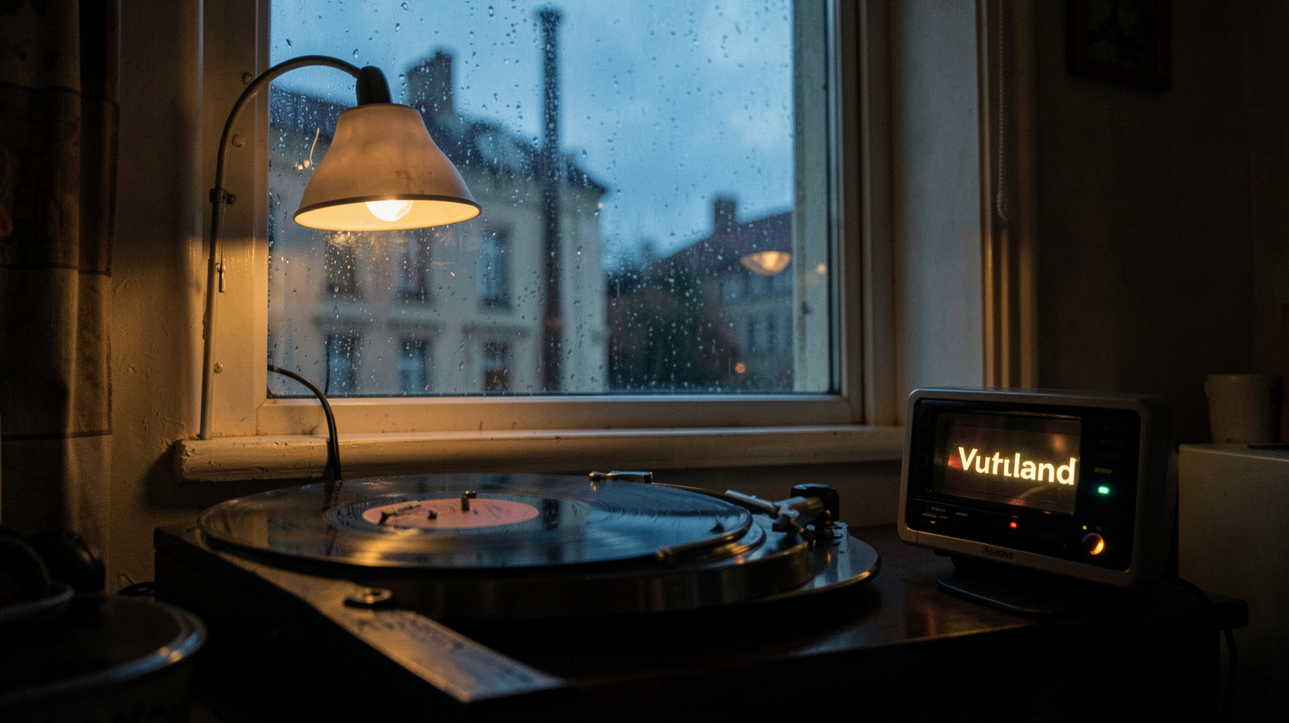 Quiet rainy Brussels window at dusk with a turntable and a Vuurland radio glowing