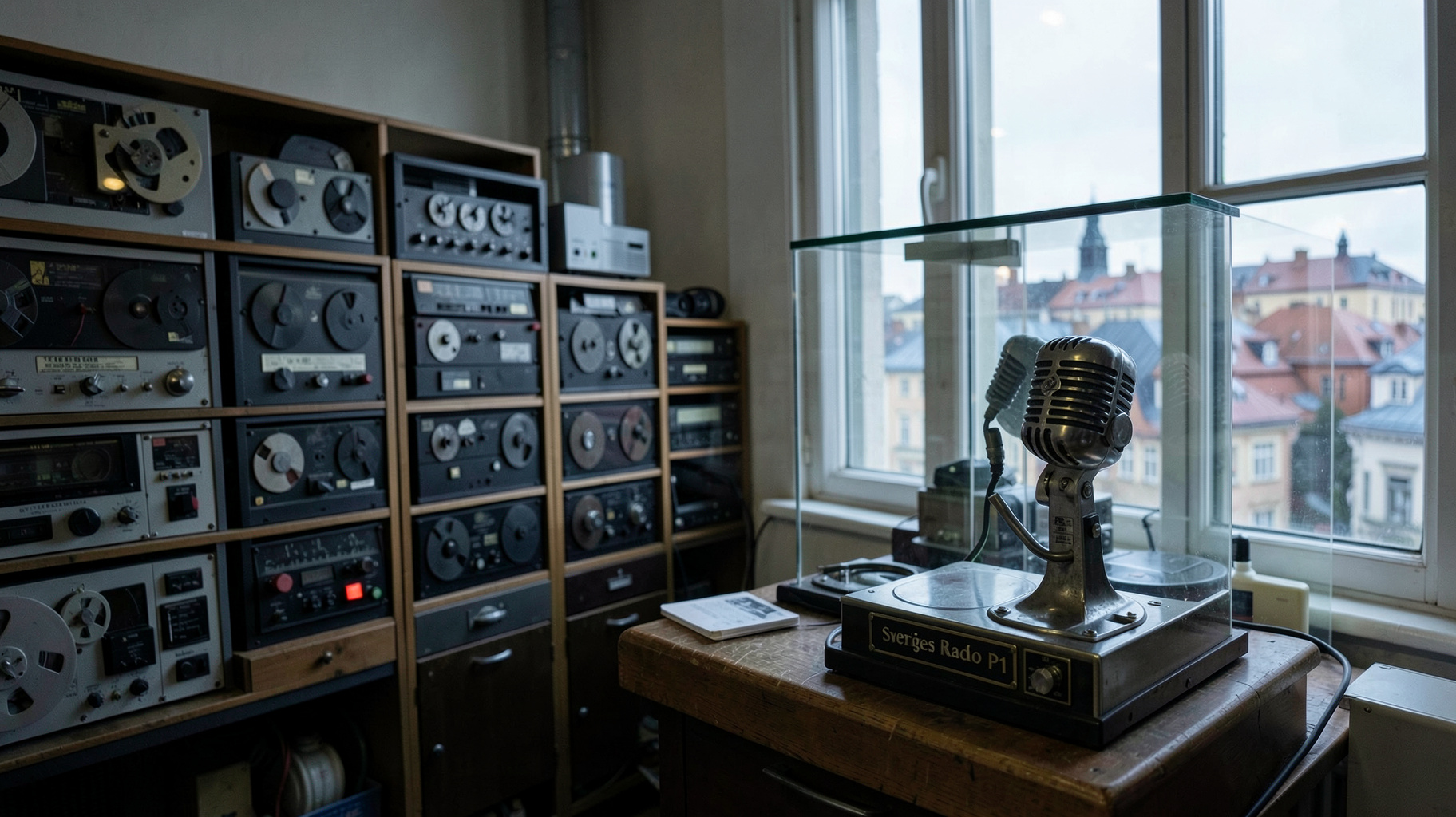 A Swedish public radio archive with a vintage microphone in a glass case and a plaque reading Sveriges Radio P1