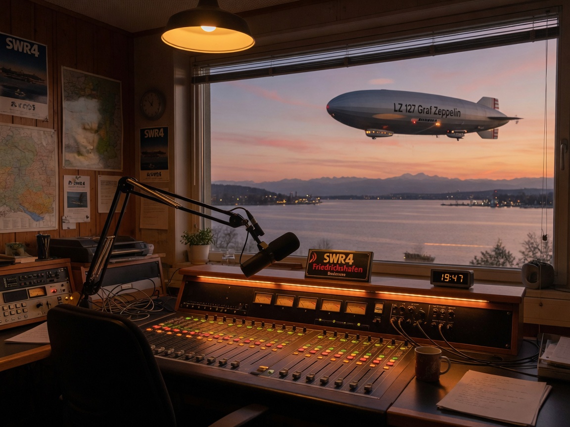 A cozy radio studio at dusk overlooking Lake Constance with a Zeppelin airship drifting over the water