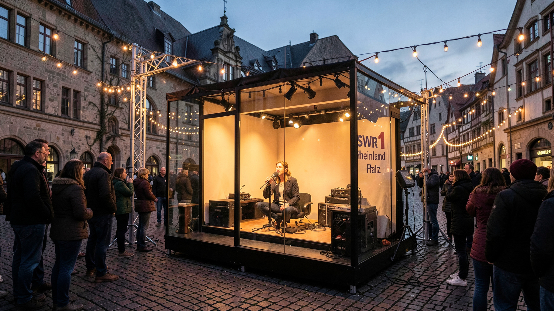 A glass broadcast studio set up in a cobblestone town square at dusk with a crowd gathered outside and a banner reading SWR1 Rheinland-Pfalz