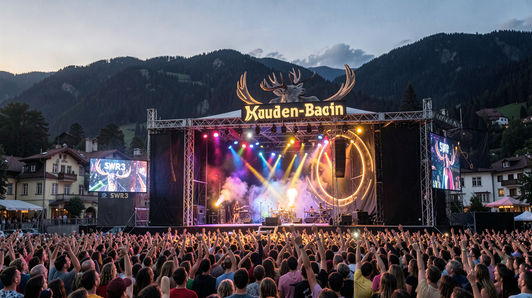 An outdoor pop festival stage before the Baden-Baden Kurhaus with a moose-antler logo and a screen reading SWR3