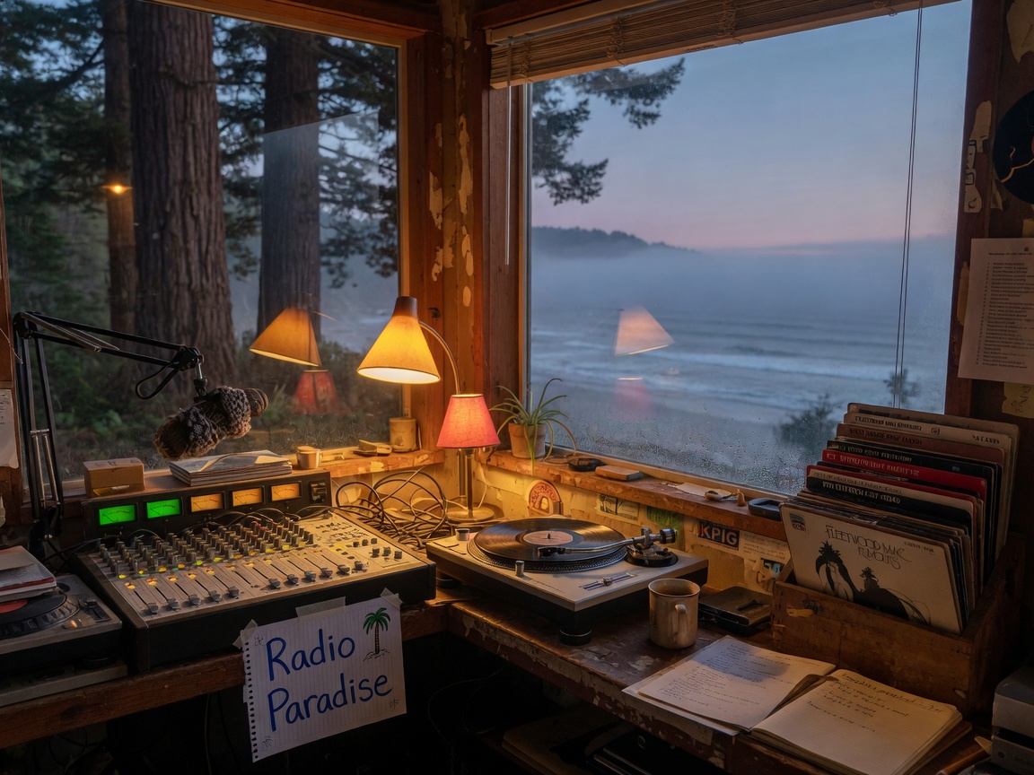 A cozy home radio studio at dusk overlooking the redwood coastline near Eureka, California, with a handwritten Radio Paradise sign on the desk