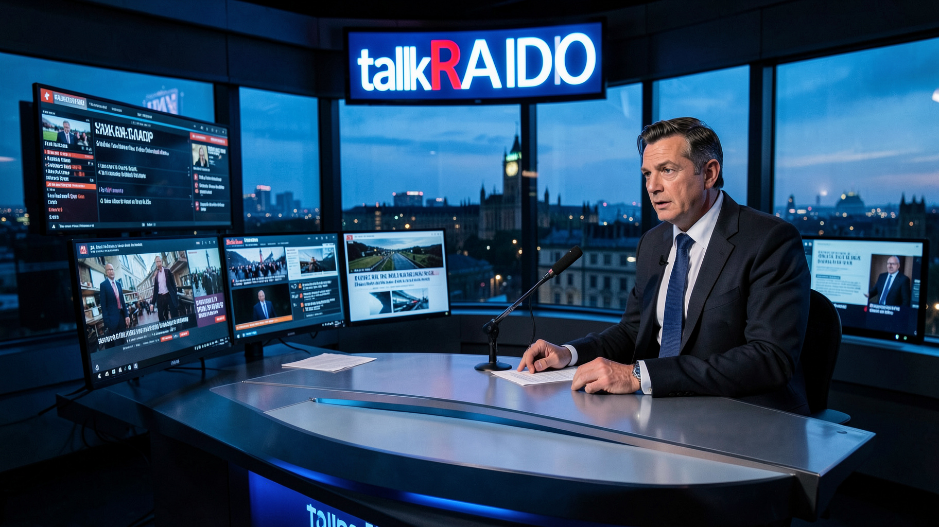 A modern British talk radio studio in London with a sign reading talkRADIO